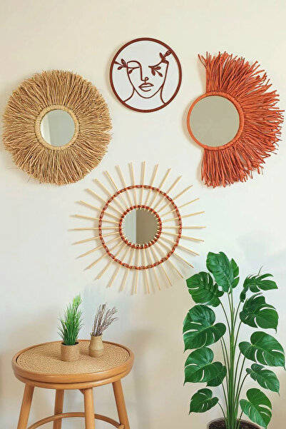 Bubihome Kiremit Bohem Rafya Bambu Ayna 4'lü Set - El Yapımı Doğal Duvar Dekorasyonu