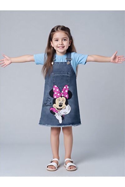 BEREKET BABY Kız Çocuk Kot Jile Salopet Minnie Mouse Baskılı Denim Elbise 2-5Y