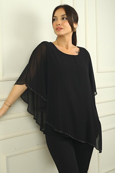 By Saygı Women's Top Chiffon Beaded Asymmetrical Blouse