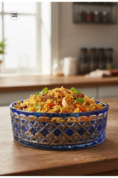 Akden Kristal Crystal Cutting Decor Eksrella 25 cm Blue Glass Bowl