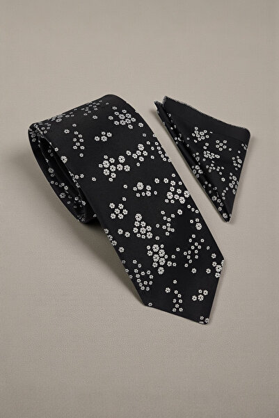 Milleniva Çiçekli Siyah Kravat & Mendil