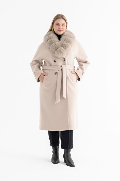 Mia Kara Reglan Sleeve Fur Detailed Punto Stitching Half Placket Long Women's...