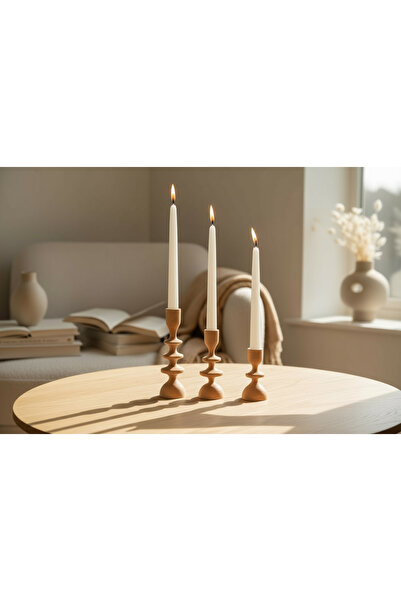 U Atölye Heykelsi Ahşap Mumluklar - El Yapımı Kayın Konik 3'lü Set