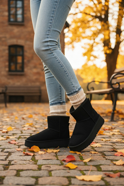 FOLLOWIN Kız Çocuk Botu Siyah Kalın Taban İçi Yünlü Yandan Cırtlı Günlük Bot