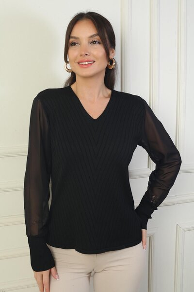 By Saygı Women's Sleeves Chiffon V-Neck Sweater