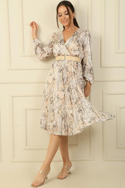 By Saygı Rochie din satin plisată cu model leopard cu centură căptușită cu guler la două piept