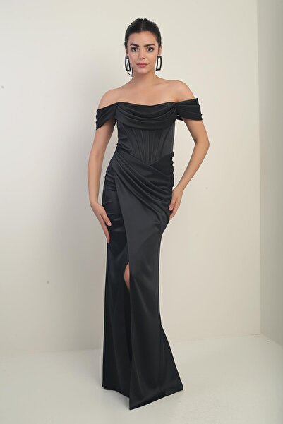 By Saygı Women's Strapless Low Sleeve Lined Underwire Satin Long Dress