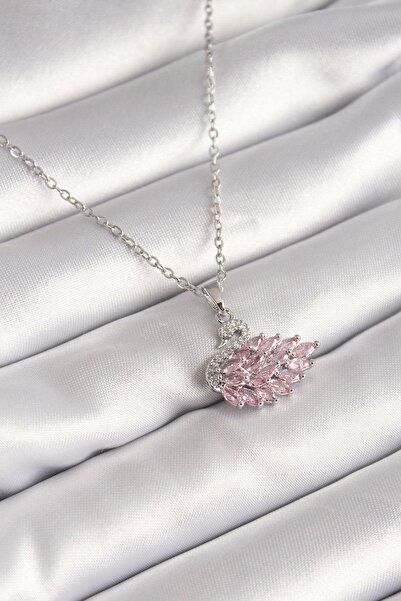 Misens Pembe Kuğulu Model Paslanmaz Çelik Zirkon Taşlı Gümüş Kolye Hediye Kut...