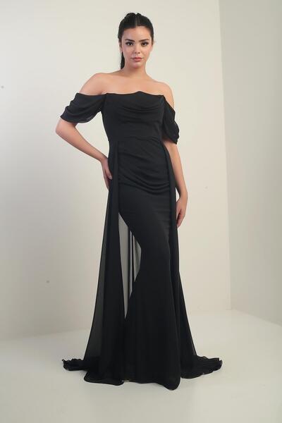 By Saygı Women's Low Sleeve Underwire Lined Cape Chiffon Long Dress