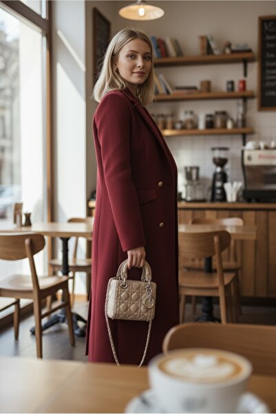 Pitti Women's Burgundy Gold Buttoned Long Coat 70553