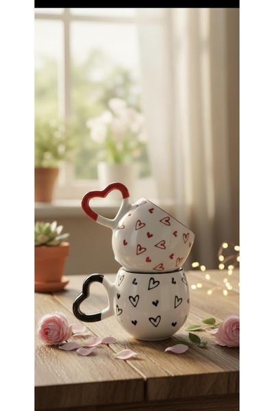 İZart 2 ' Li Kalp Kulp Detaylı Özel Kabartmalı SEVGİLİ EL İŞLEMELİ SERAMİK KUPA