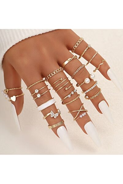 huitich مجموعة خواتم ذهبية اللون مكونة من 22 قطعة بأحجام وأنماط متنوعة مع لمسات من الكريستال واللؤلؤ والسبائك