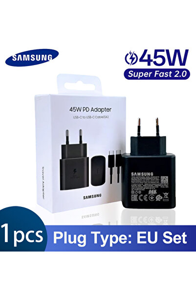 Samsung مجموعة شاحن S24 Ultra الأصلي باللون الأسود من الاتحاد الأوروبي، محول شحن سريع 45 وات، كابل 5 أمبير أصلي