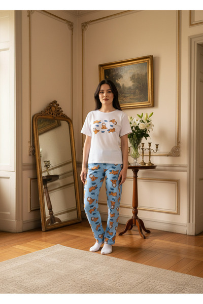 Laviera Kadın Çizgi Film Karakteri Kedi Desenli Kısa Kollu Bisiklet Yaka Alt Üst Gecelik Pijama Takımı