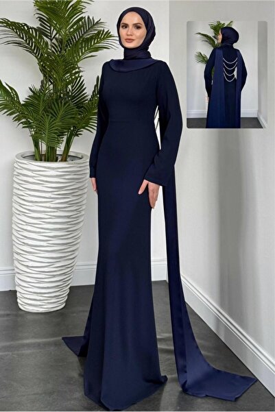 TRENDTESETTÜR KADIN LACİVERT İNCİ DETAYLI ABİYE ELBİSE T 8916