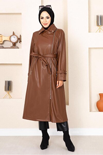 TRENDTESETTÜR Kadın Taba Fermuarlı Kuşaklı Deri Kap 18002