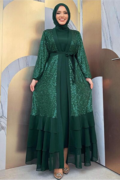 TRENDTESETTÜR KADIN YEŞİL (ZÜMRÜT) PUL PAYETLİ ABİYE ELBİSE TAKIM T 3848