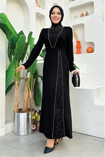 TRENDTESETTÜR KADIN SİYAH TAŞ DETAYLI KEMERLİ ELBİSE T 0783