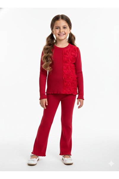 HÜMAKİDSWEAR Ribana Kumaş Yarım Gül İşlemeli Kız Çocuk Kombin Seti