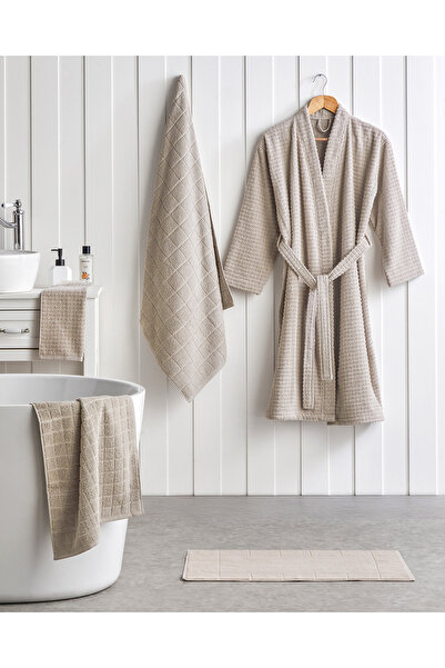 English Home Chequer Pamuk Bornoz S-M Bej