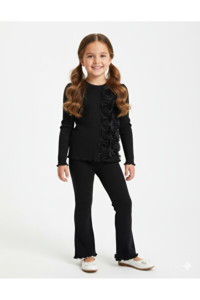 HÜMAKİDSWEAR طقم ملابس للفتيات من قماش ريبانا مطرز بتصميم نصف وردة