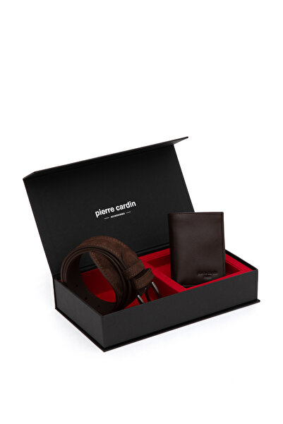 Pierre Cardin طقم حزام ومحفظة من الجلد البني بنسبة 100% 50319275-VR029