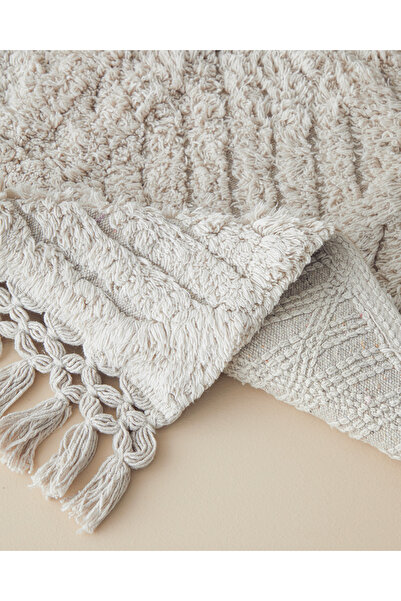 English Home Tassel Check Cotton Tasseled Bath Mat Beige