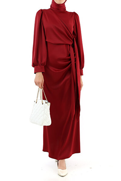 Suedcollection Side Tie Pleat Detailed Satin Evening Dress Red 583236