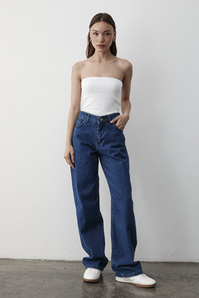 JASTE Kadın Mavi Yüksek Bel Geniş Paça Jean Pantolon