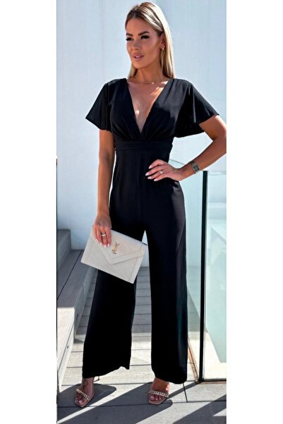 ARONA Mdb Women's Short Sleeve Double Breasted Collar Low-Cut Pegasus Fabric Jumpsuit