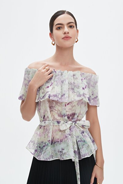 Nichii Short Sleeve Chiffon Blouse with Waist Tie