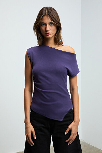 GRIMELANGE Rehinga Women's Asymmetric Collar Regular Short Sleeve Purple Blouse