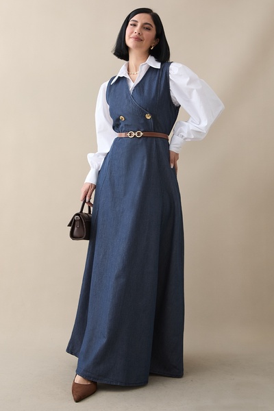 InStyle Kemerli V Yaka Koyu Mavi Kot Jile Elbise