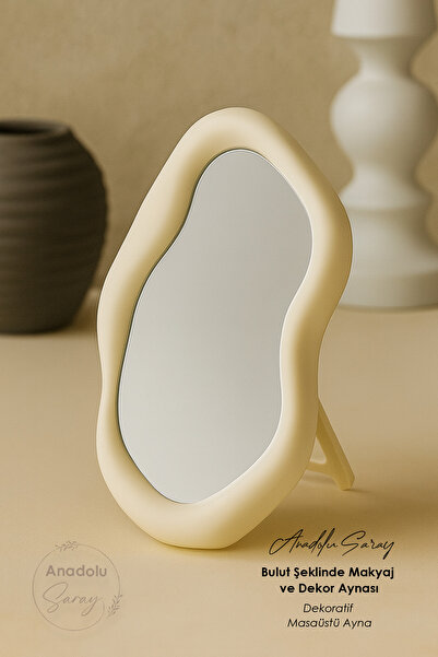 Anadolu Saray Bohem Bulut Pembe ve Beyaz Tarzı Dekoratif Masaüstü Ayna - Bulut Şeklinde Makyaj ve Dekor Aynası