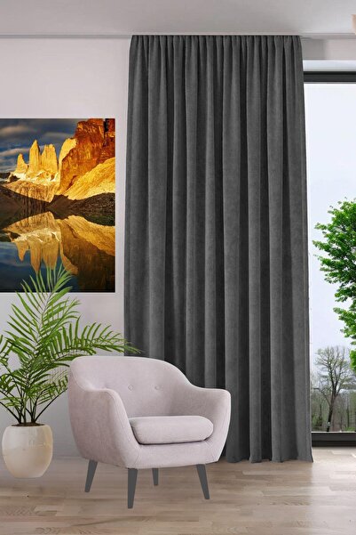 GOCCIA HOME Kadife Dokulu Fon Perde Pilesiz Tek Kanat Gri