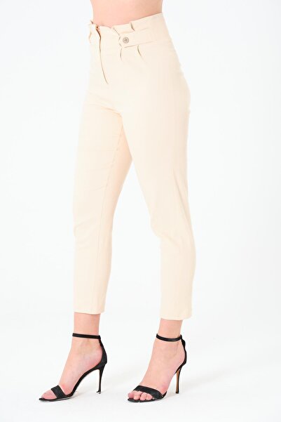 Sortie Collection Kadın Yüksek Bel, Pileli, Dar Paça, Açık Bej Gabardin Pantolon