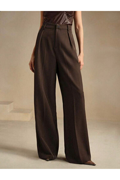 ketenhome Kahve Yüksek Bel Bol Kesim Wide Leg Palazzo Pantolon