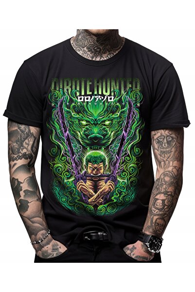 FG KONNİCHİWA Tricou negru unisex cu imprimeu anime ONE PIECE MONKEY LUFFY SA...