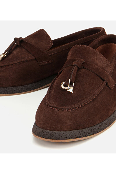 Hotiç Kadın Süet Deri Kahverengi Gold Aksesuarlı Klasik Loafer