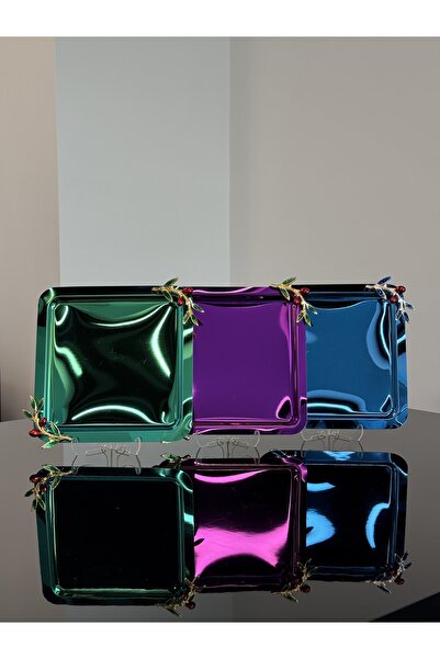 SİNİ Zeytin Dal Aksesuarlı Paslanmaz Çelik 6 Adet Kare Lüx Renkli Kahve, Çay Sunum Servis Tepsisi