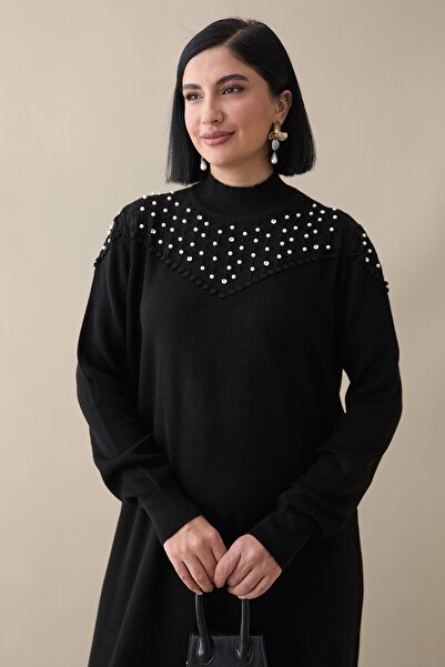 InStyle İncili Triko Elbise Siyah