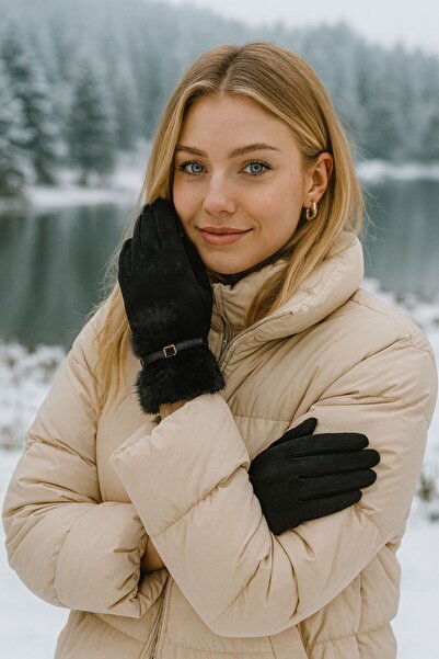 Axesoire 16029 Kürklü Kemerli Dokunmatik Siyah Eldiven