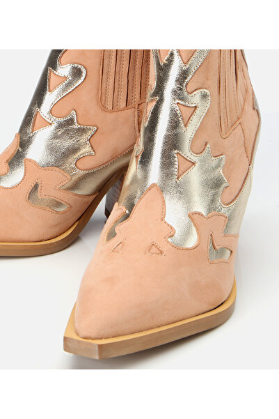 Hotiç Women's Suede Leather Beige Western Heeled Boots