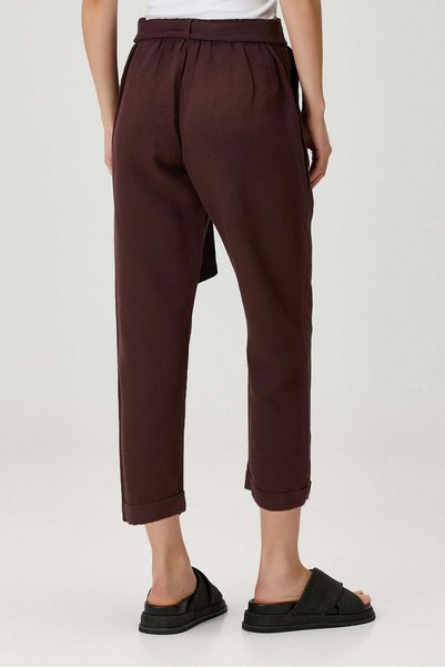 Barine Belted Linen Blend Trousers Burgundy