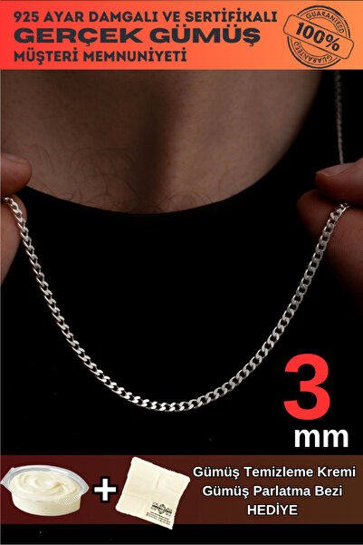 OSMANLI GÜMÜŞ Erkek Gümüş Kolye - 3mm Gurmet Model 925 Ayar Gümüş Erkek Kolye...