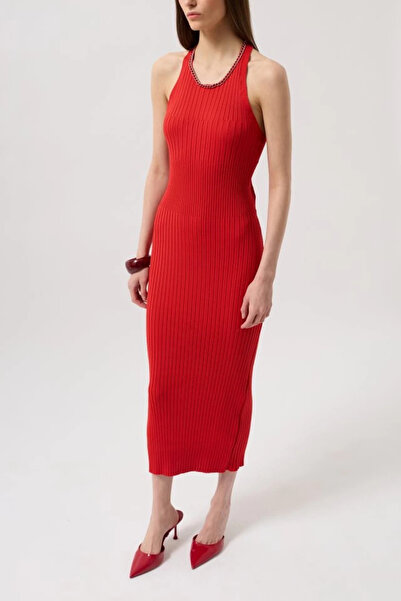 Maxi modena Women's Halter Neck Chain Accessory Cross Strap Red Dress