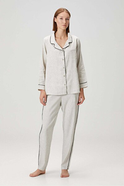 Barine Pantaloni de in Lino cu dungi alb/negru