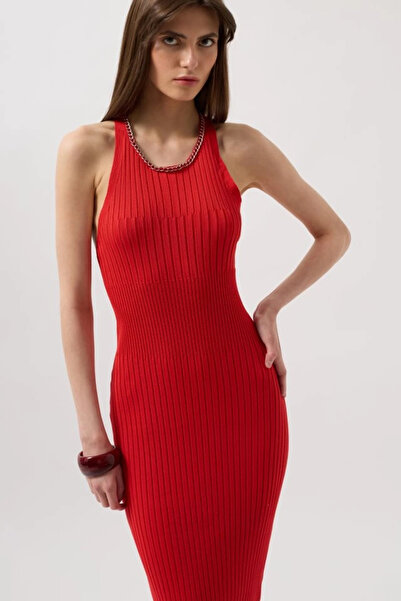 Maxi modena Women's Halter Neck Chain Accessory Cross Strap Red Dress