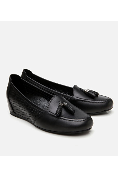 Hotiç Women's Leather Black Tassel Wedge Heeled Shoes