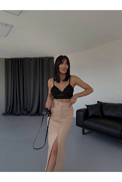 velmorafashion Γυναικεία μακριά φούστα από γαμπαρντίνα με σχισμή μπροστά σε καφέ χρώμα